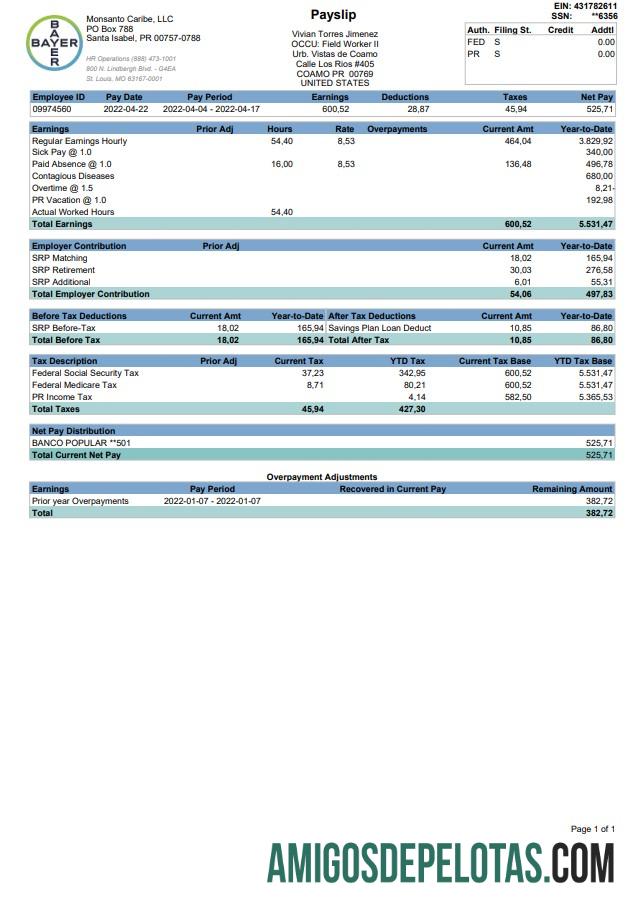 Recibo de pagamento da BAYER 2022 modelo